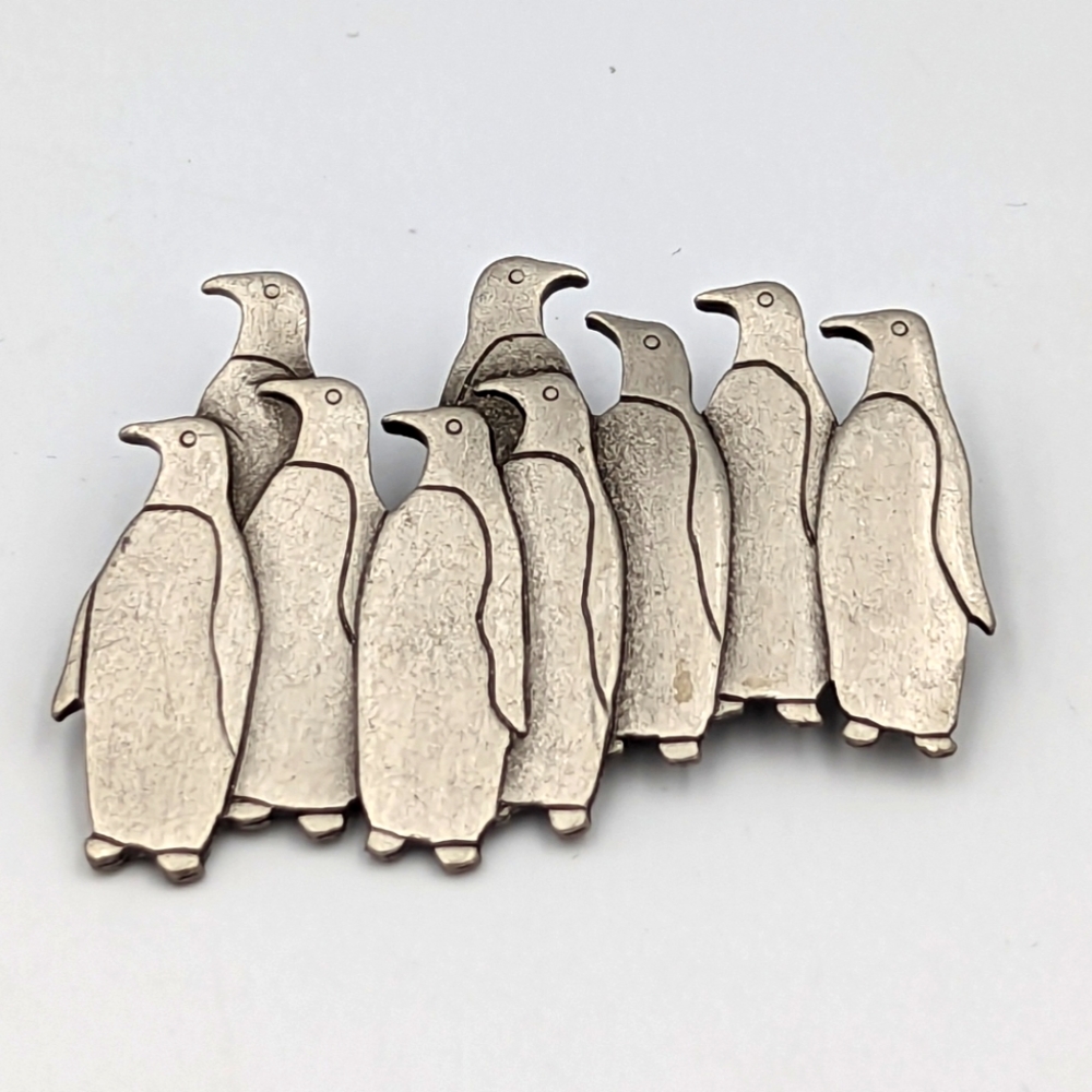 Vintage JJ Pewter Penguins Pin Brooch signed  1988